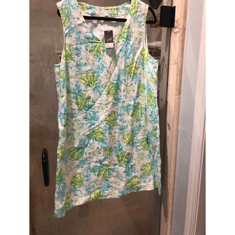 J.Jill Love Linen White Blue Green Shell Print Tunic Dress L Sleeveless V-Neck